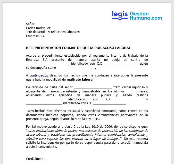 Modelo de carta acoso laboral